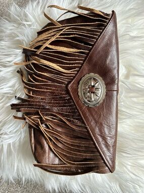 Brown Leather Fringe Satchel with Silver Concho Accent
